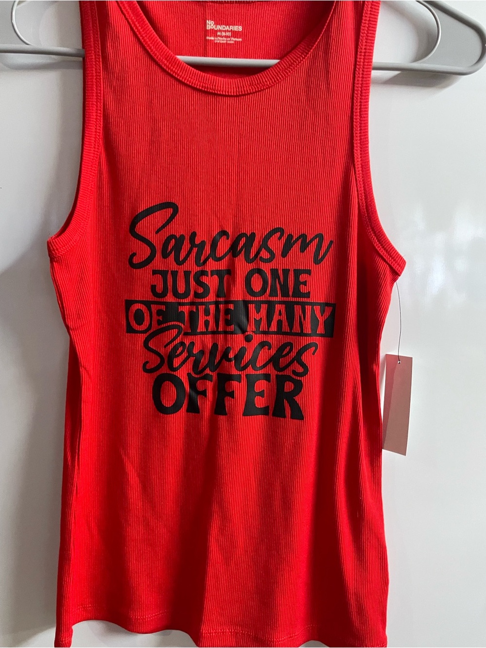 No Boundaries Red Ribbed Tank with Black Script Slogan